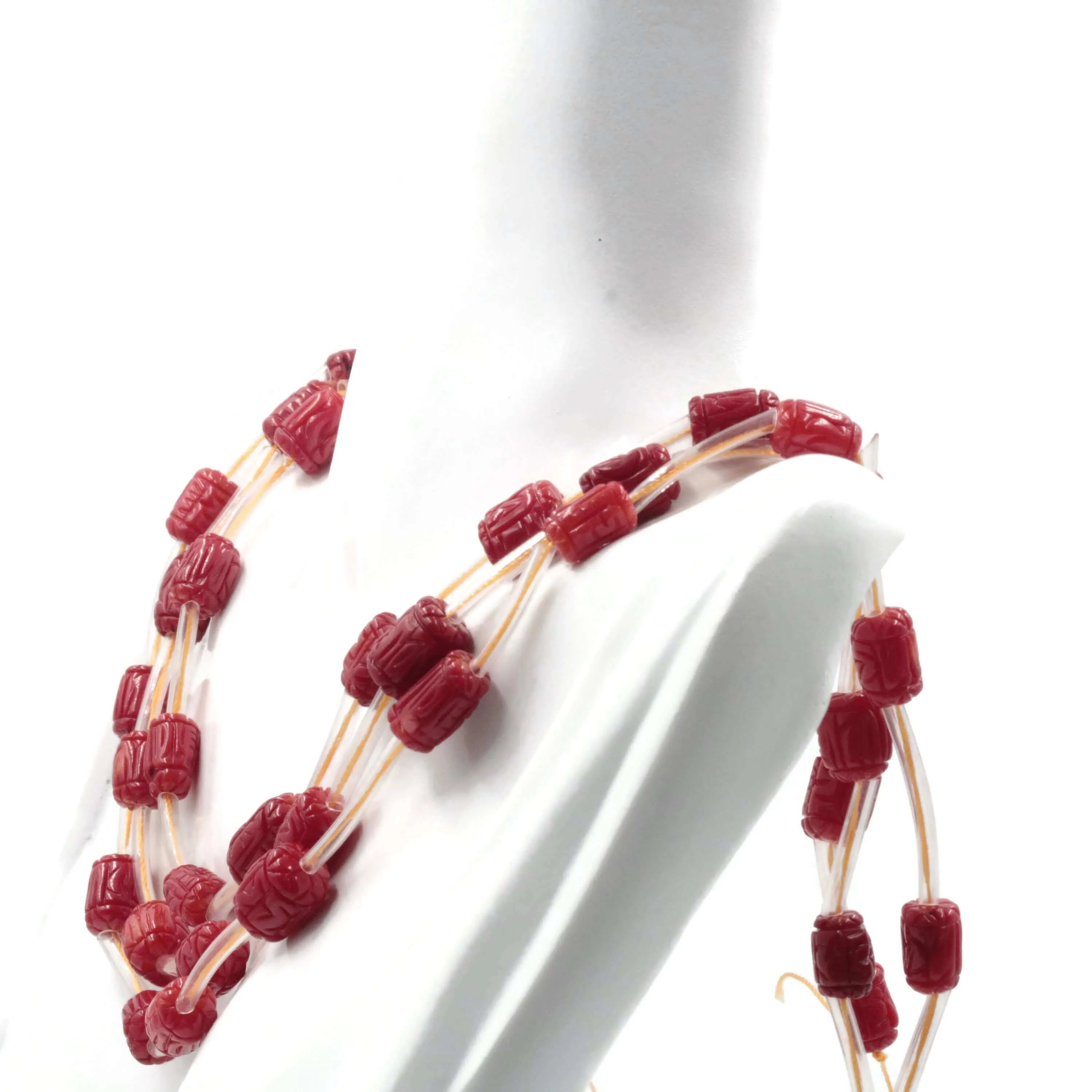 Red Coral Barrel Shape Carved Necklace Italian Coral beads Red Coral Beads Antique Coral Natural Coral Bead Necklace 16" SKU 6142727