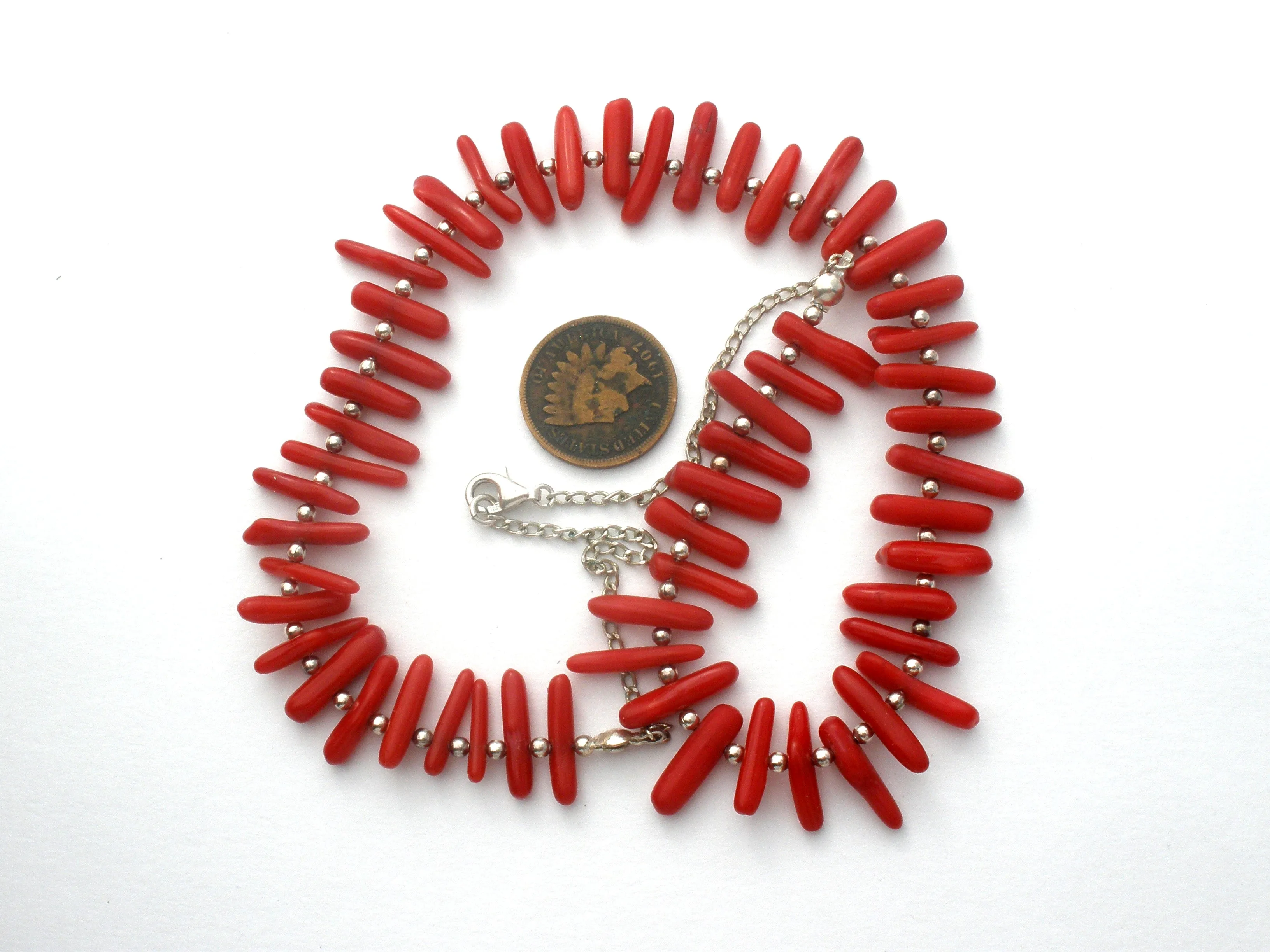 Red Coral Sterling Silver Bead Necklace