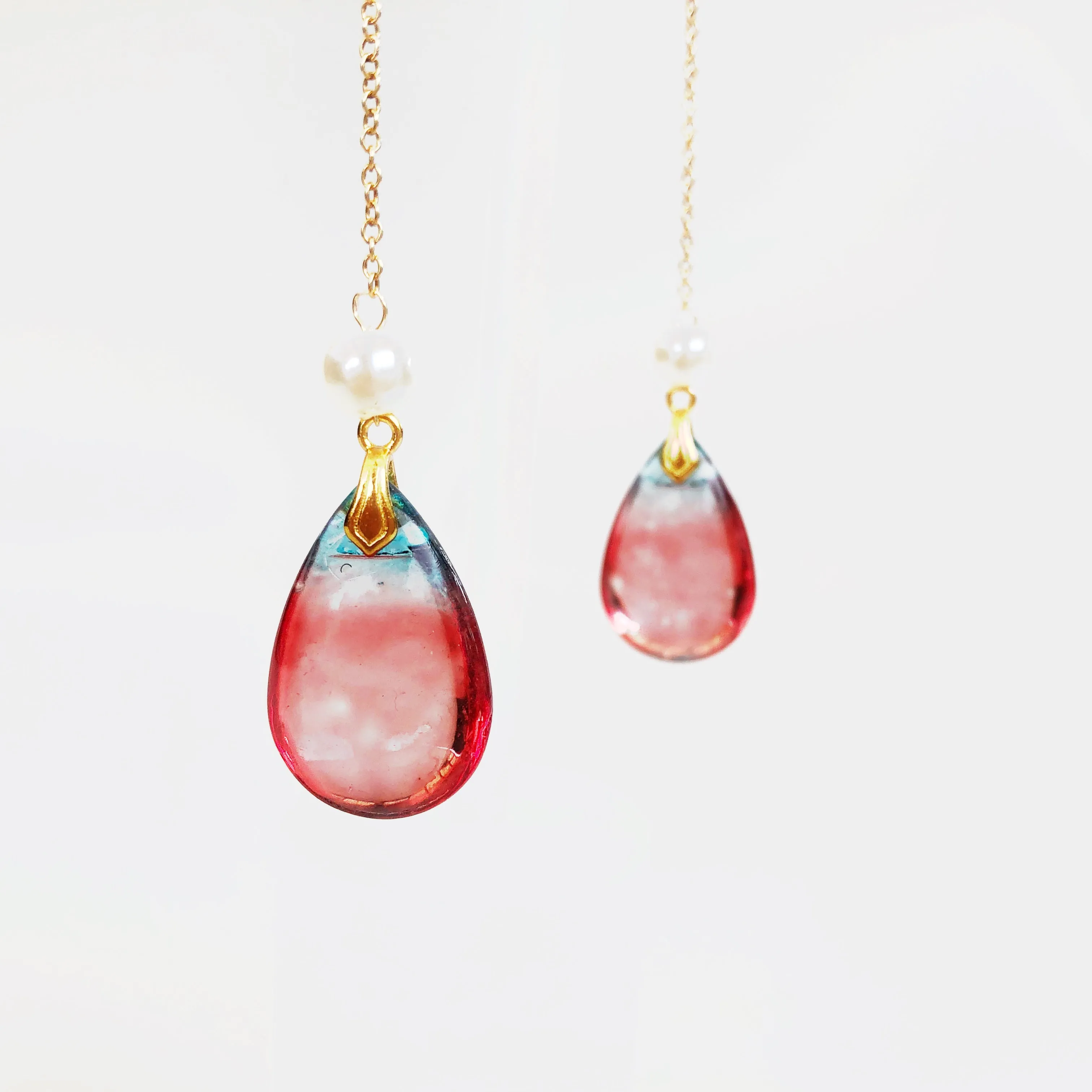 Red Crystal Earrings with Long Dangle Chain