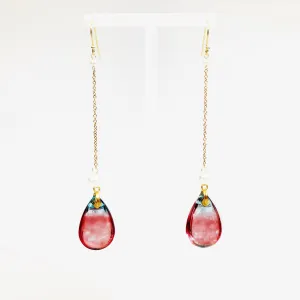 Red Crystal Earrings with Long Dangle Chain