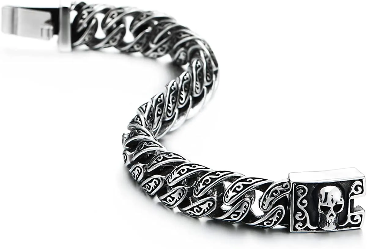 Retro Style Mens Women Steel Filigree Tattoo Patterns Curb Chain Bracelet with Skull Box Clasp