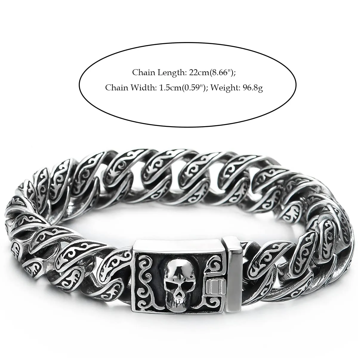 Retro Style Mens Women Steel Filigree Tattoo Patterns Curb Chain Bracelet with Skull Box Clasp