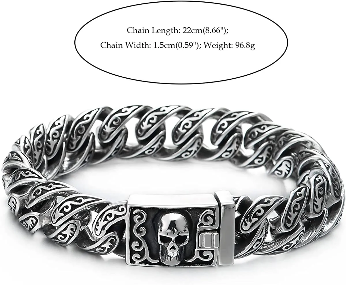 Retro Style Mens Women Steel Filigree Tattoo Patterns Curb Chain Bracelet with Skull Box Clasp