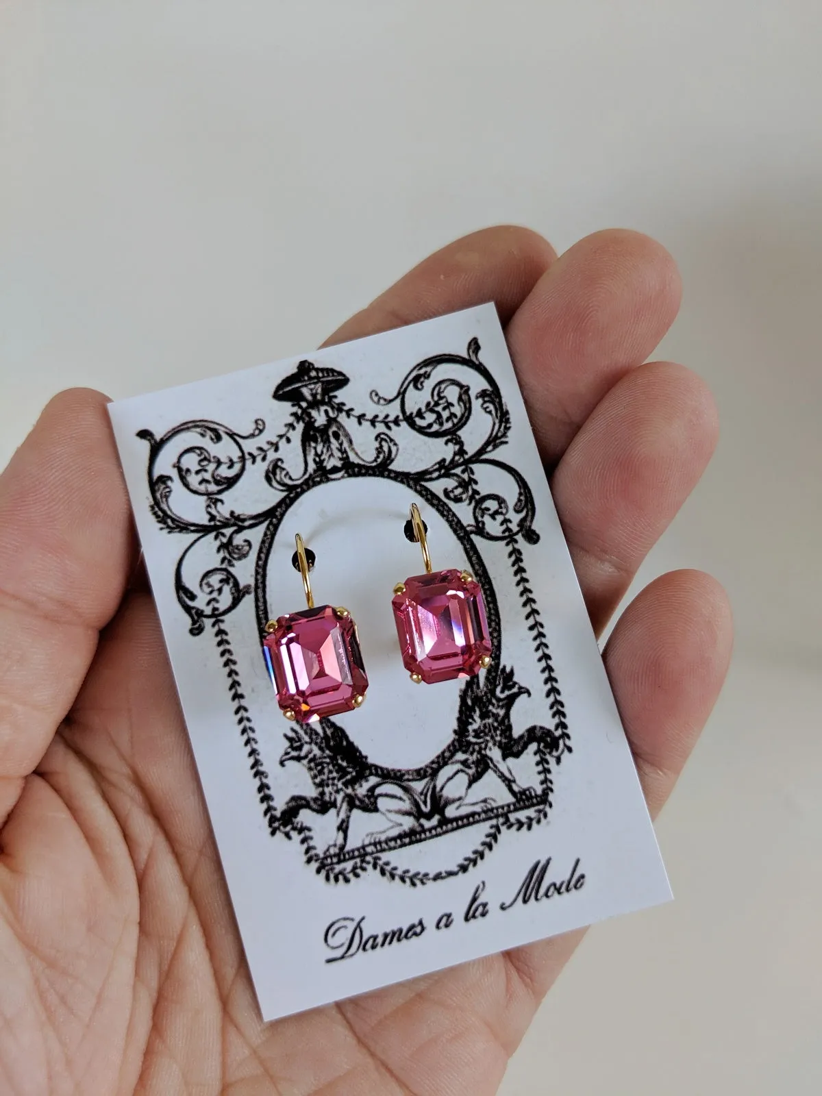 Rose Pink Swarovski Crystal Earrings - Small Octagon