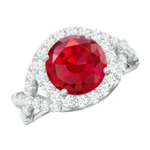 Round Created Ruby Crossover Engagement Ring With Moissanite