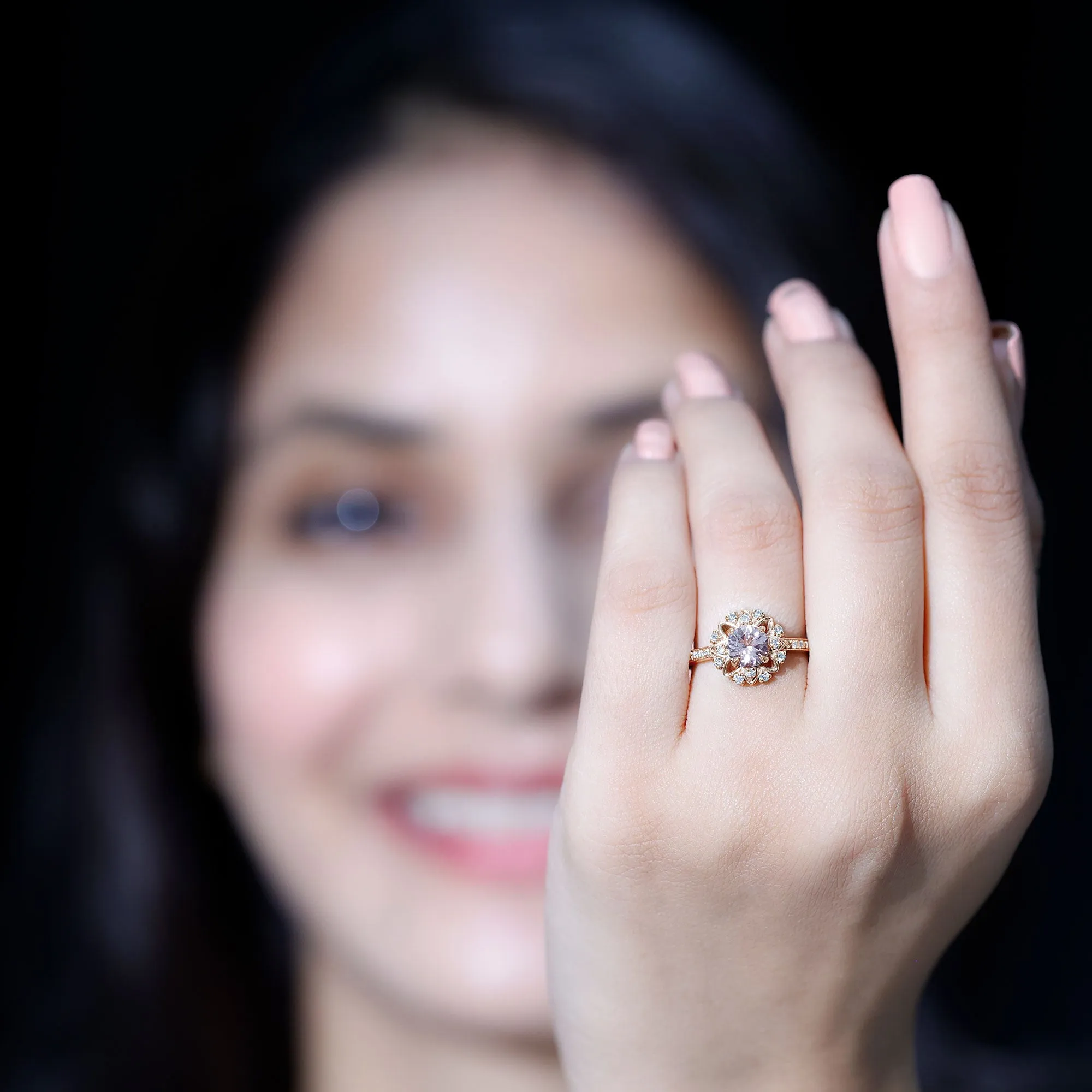 Round Morganite and Diamond Flower Engagement Ring