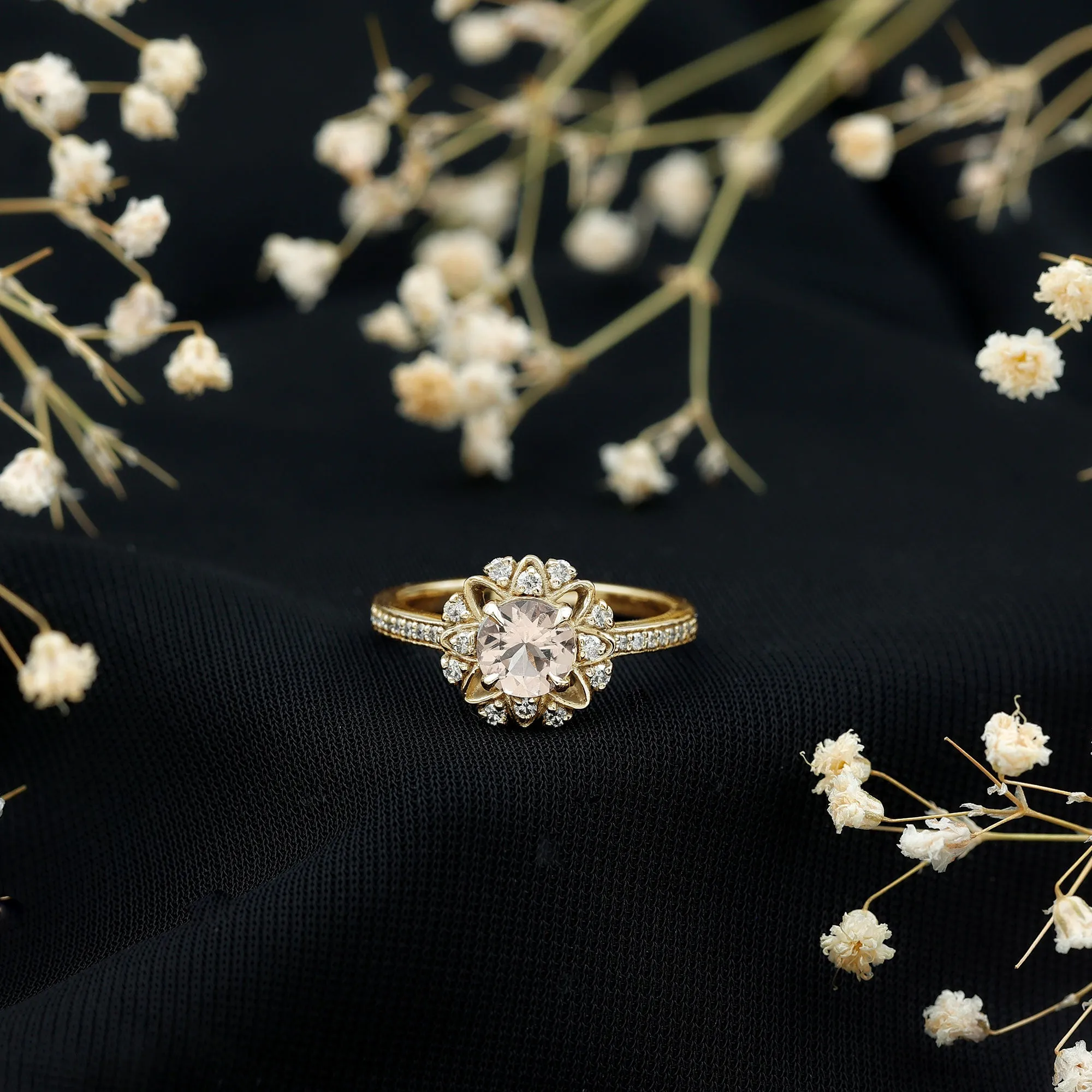 Round Morganite and Diamond Flower Engagement Ring