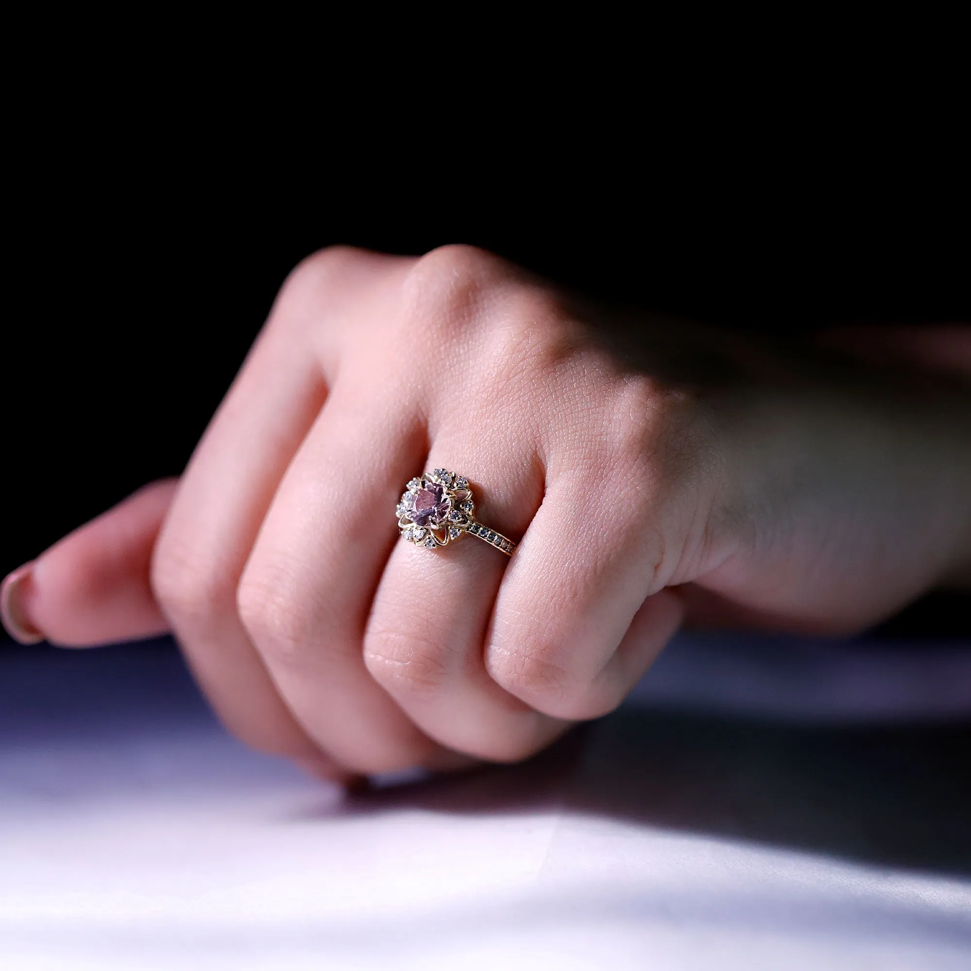 Round Morganite and Diamond Flower Engagement Ring