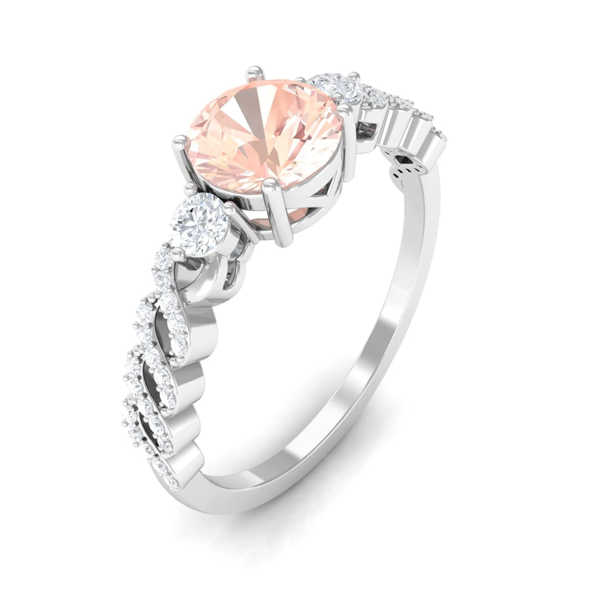 Round Shape Morganite Designer Engagement Ring with Diamond Side Stones