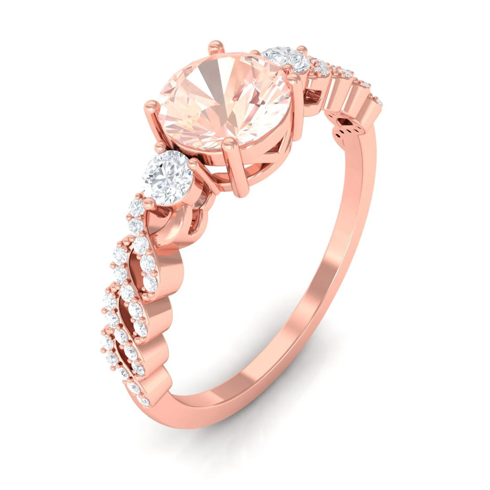 Round Shape Morganite Designer Engagement Ring with Diamond Side Stones