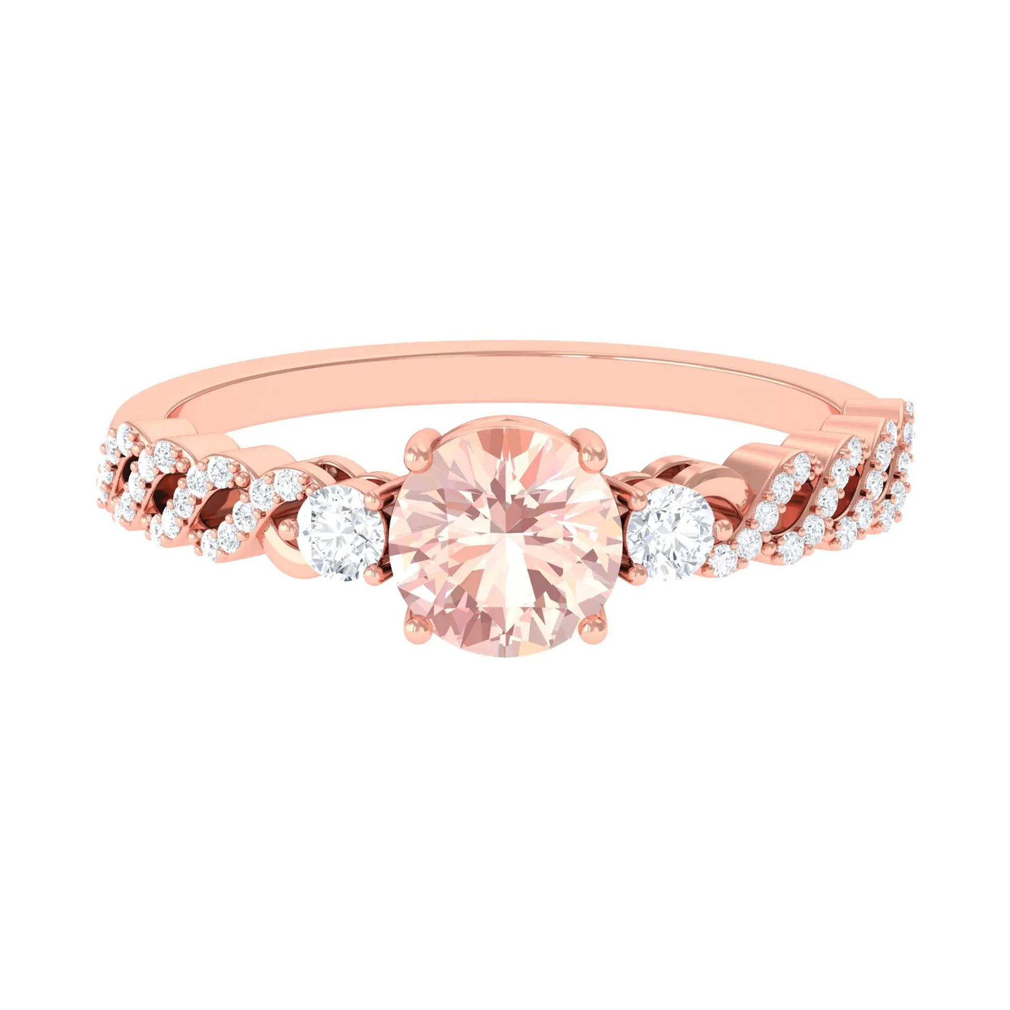 Round Shape Morganite Designer Engagement Ring with Diamond Side Stones