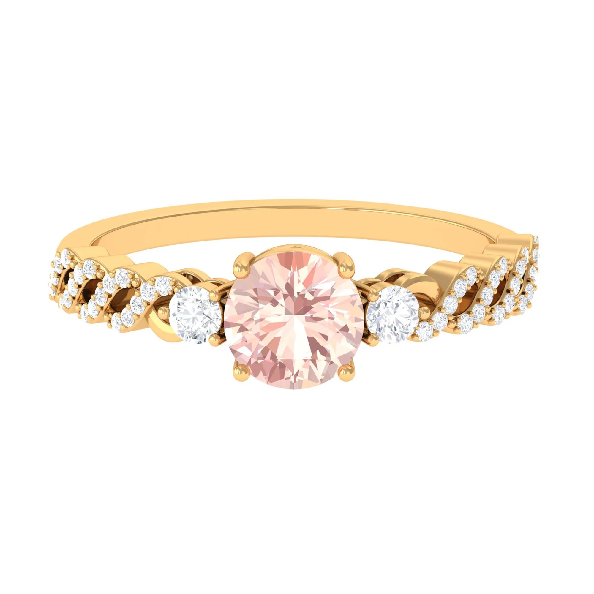 Round Shape Morganite Designer Engagement Ring with Diamond Side Stones