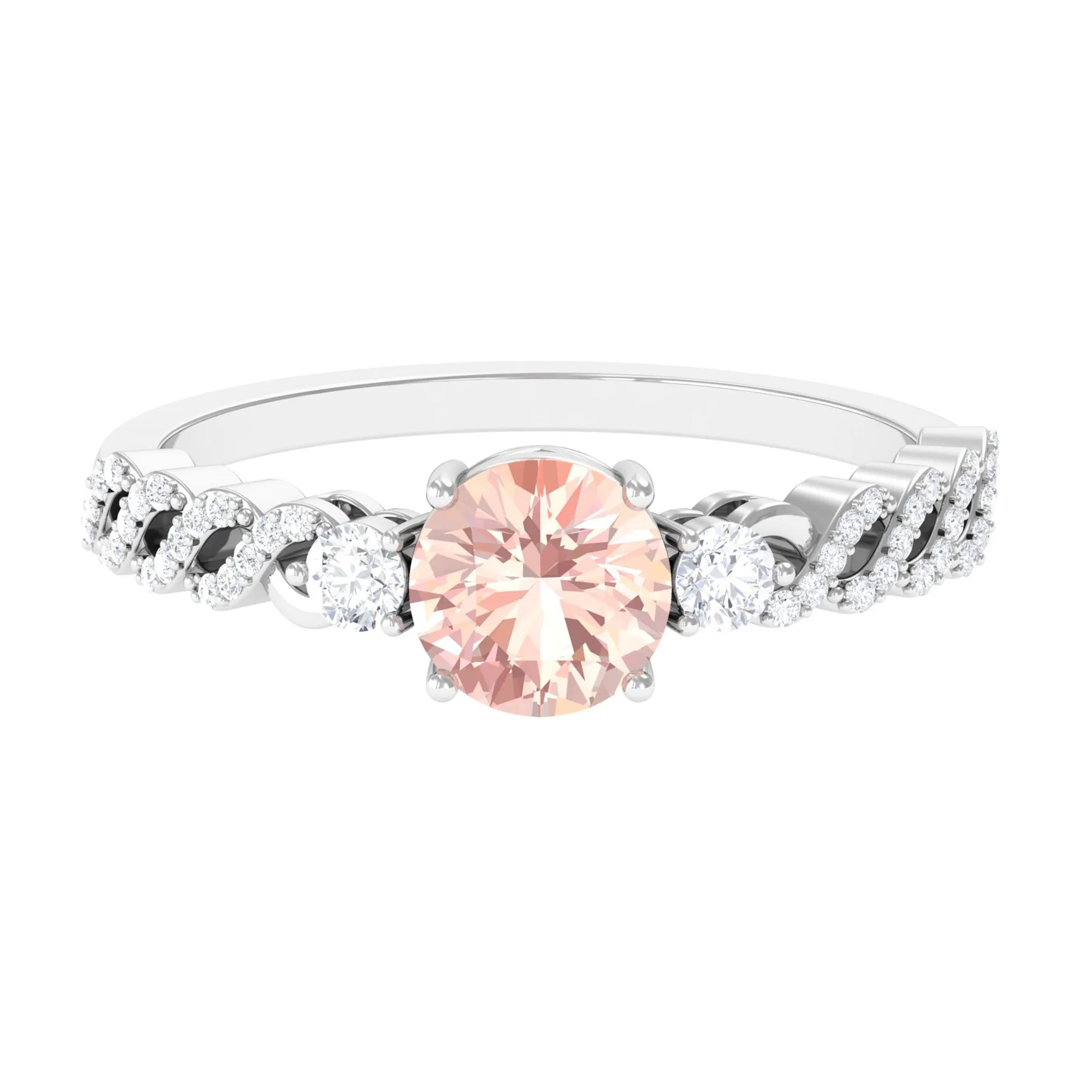 Round Shape Morganite Designer Engagement Ring with Diamond Side Stones