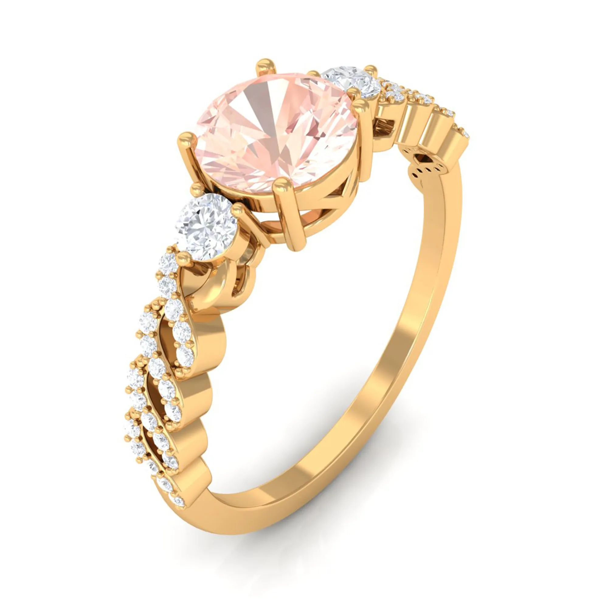 Round Shape Morganite Designer Engagement Ring with Diamond Side Stones