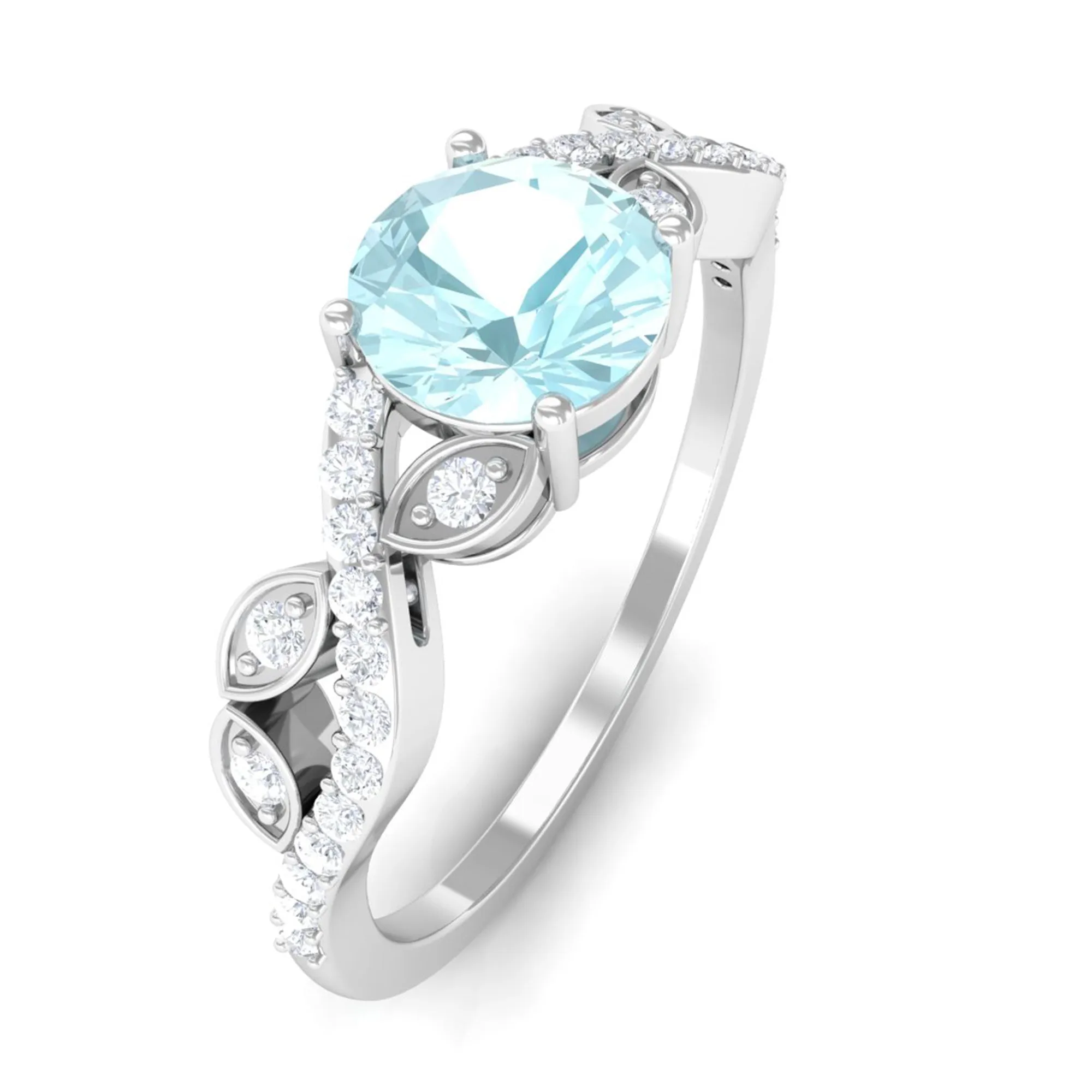 Round Sky Blue Topaz Designer Engagement Ring with Diamond