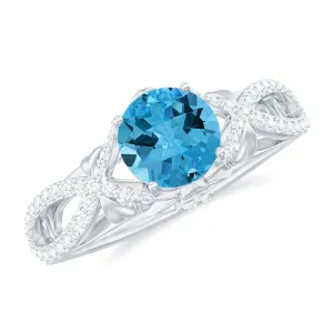 Round Swiss Blue Topaz Vintage Inspired Engagement Ring with Diamond