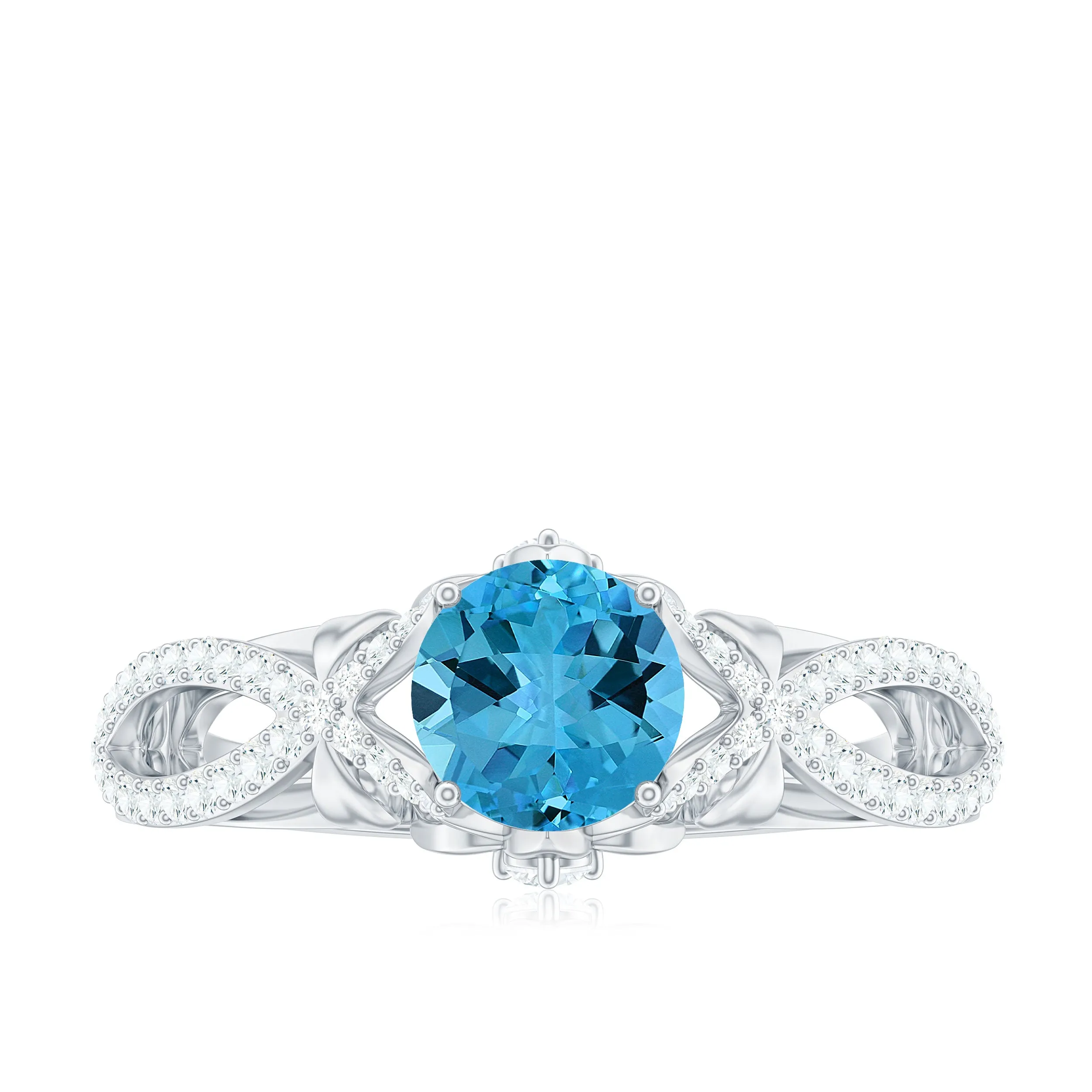 Round Swiss Blue Topaz Vintage Inspired Engagement Ring with Diamond