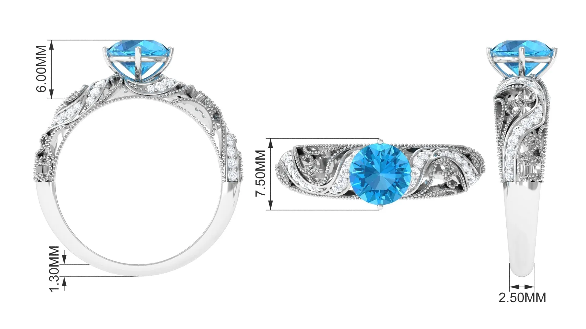 Round Swiss Blue Topaz Vintage Inspired Engagement Ring with Diamond