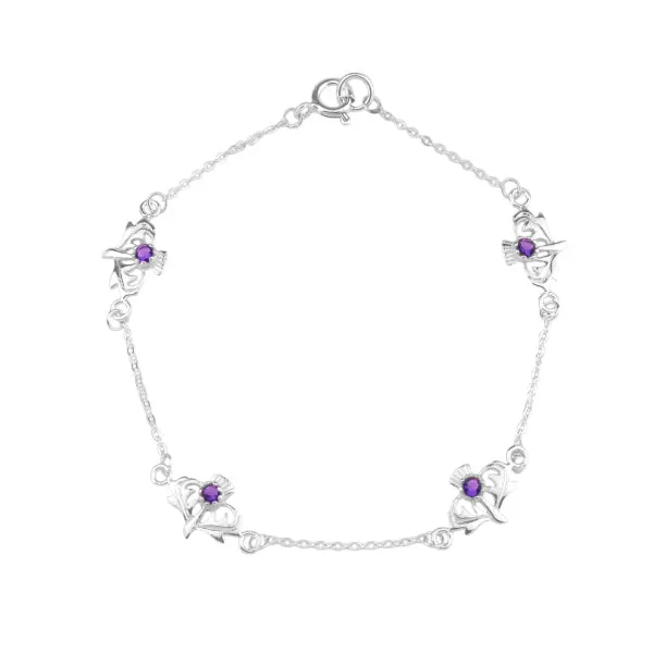 Scottish Thistle Silver Bracelet With Amethyst Stones