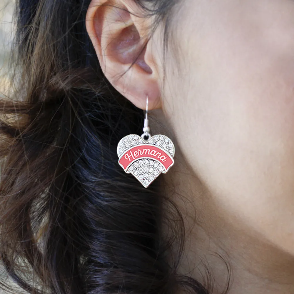 Silver Hermana - Coral Pave Heart Charm Dangle Earrings