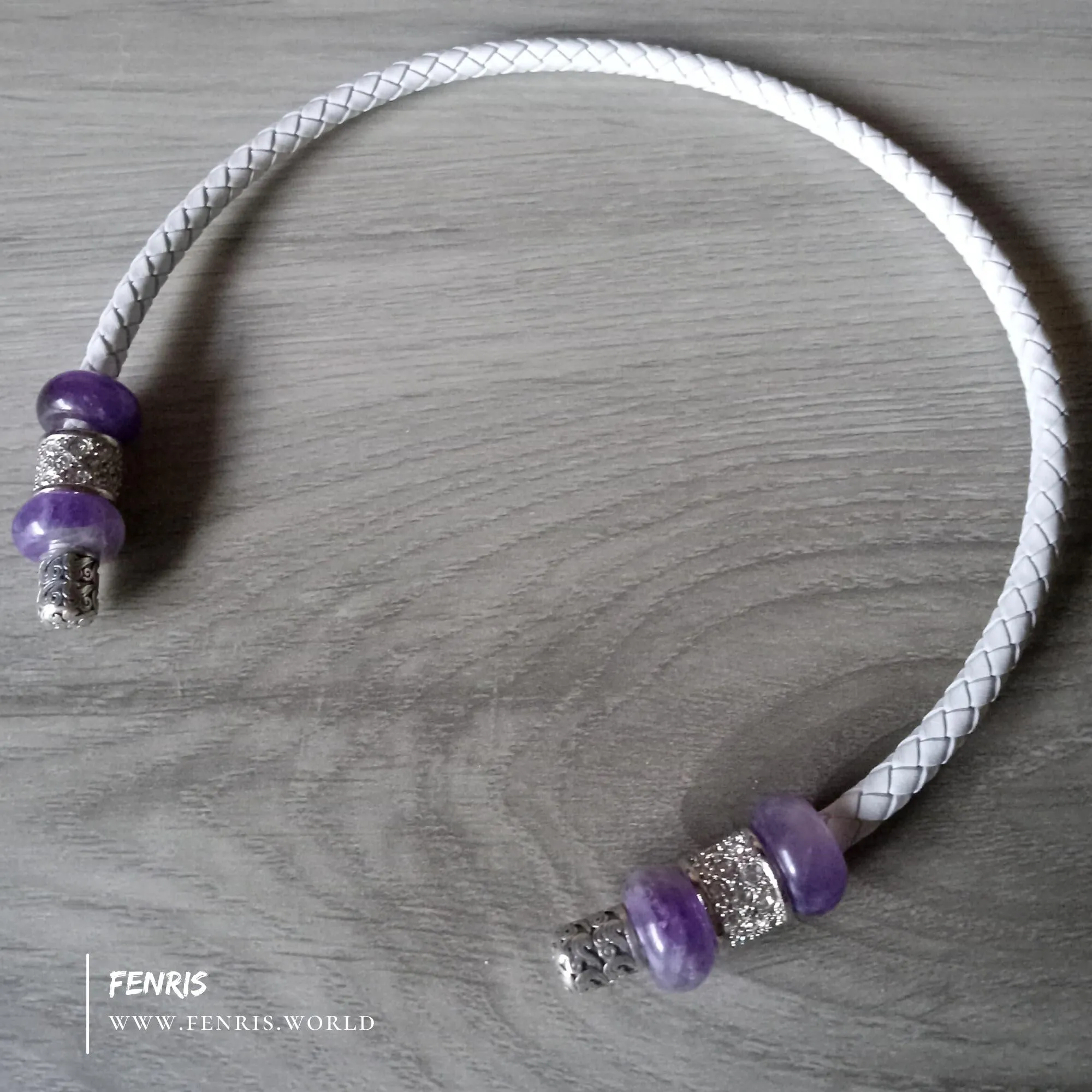 Silver Torc Purple Amethyst White Leather Necklace