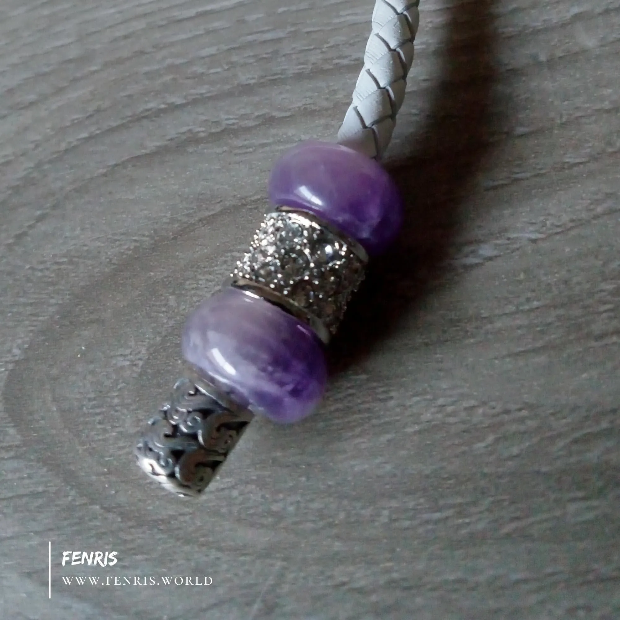 Silver Torc Purple Amethyst White Leather Necklace