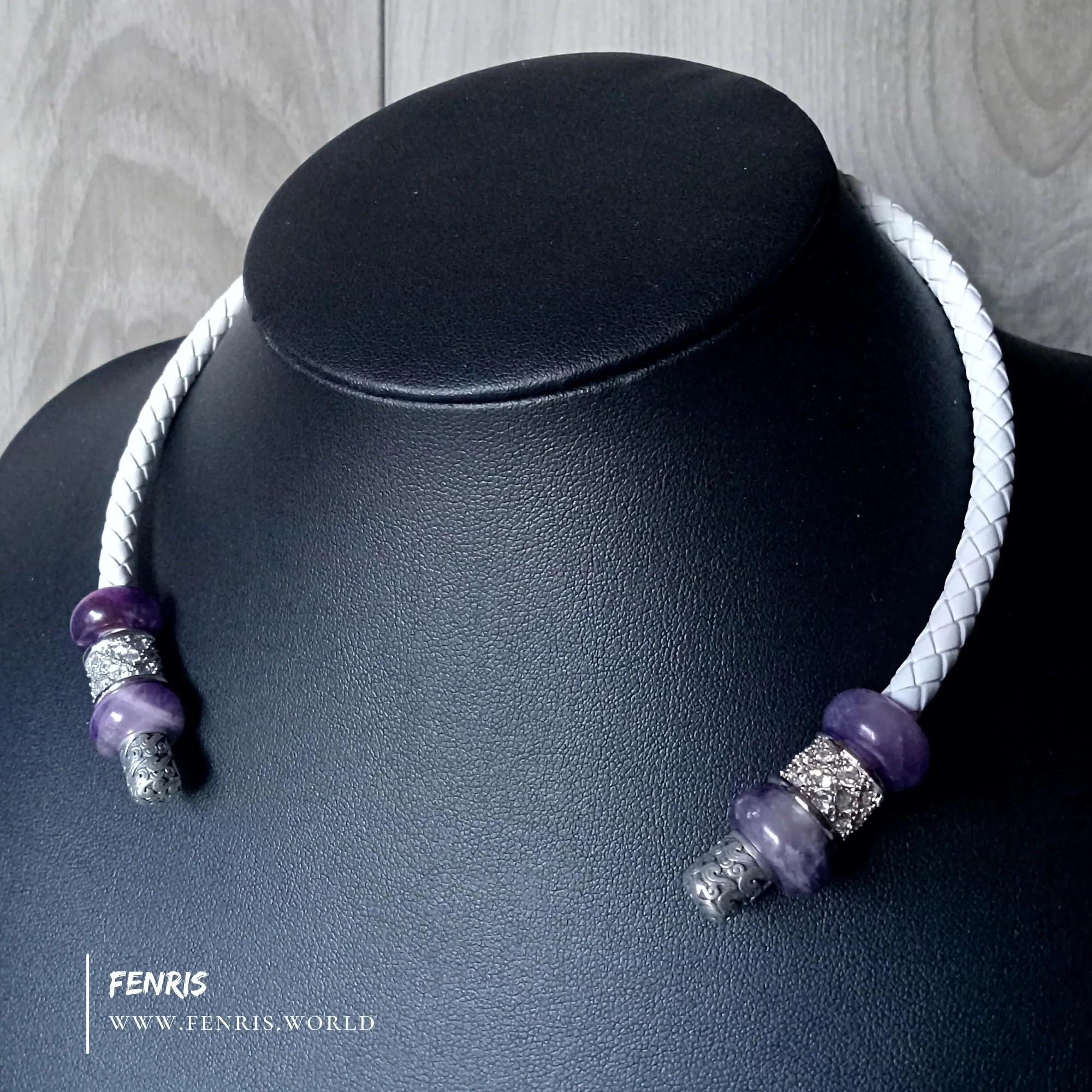 Silver Torc Purple Amethyst White Leather Necklace