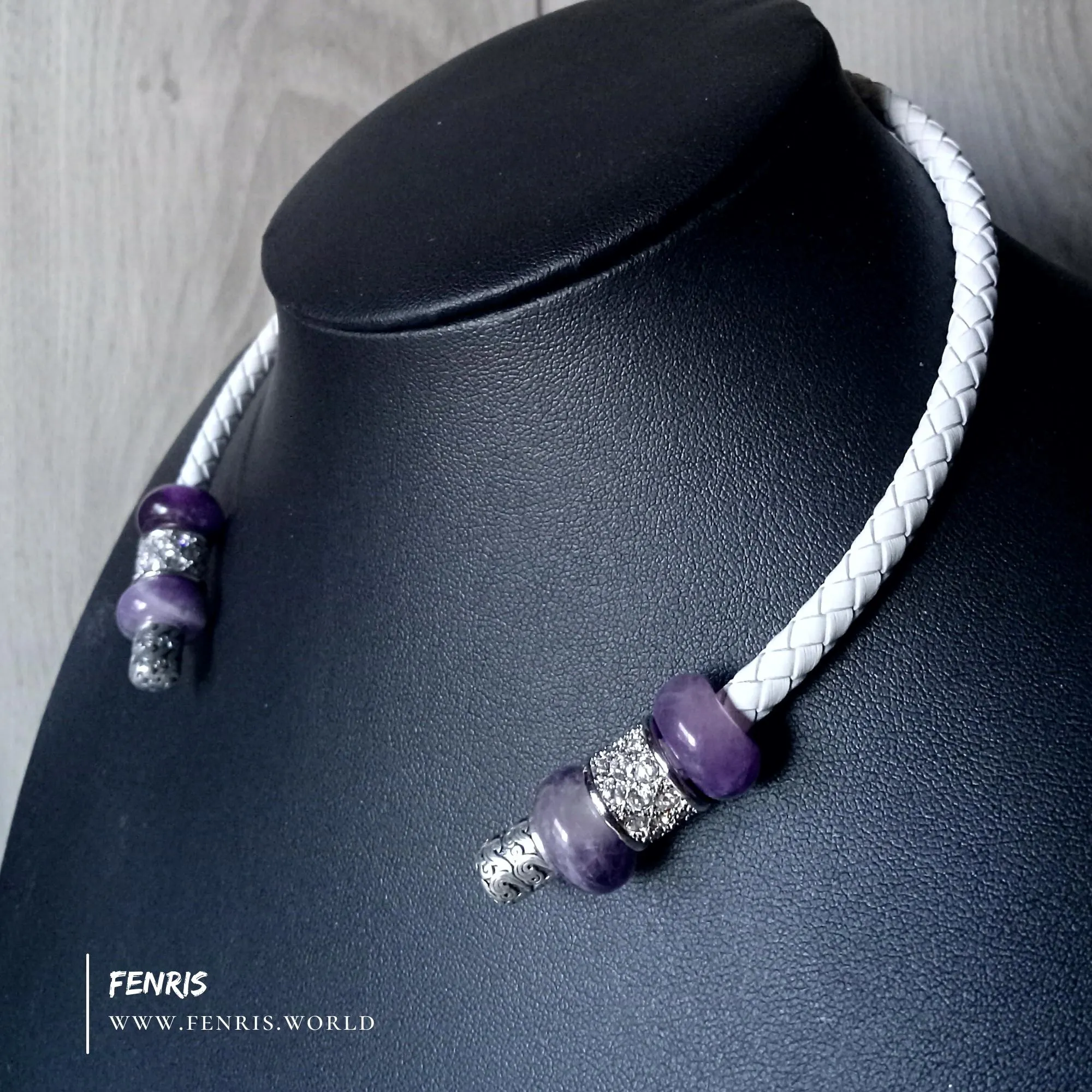 Silver Torc Purple Amethyst White Leather Necklace