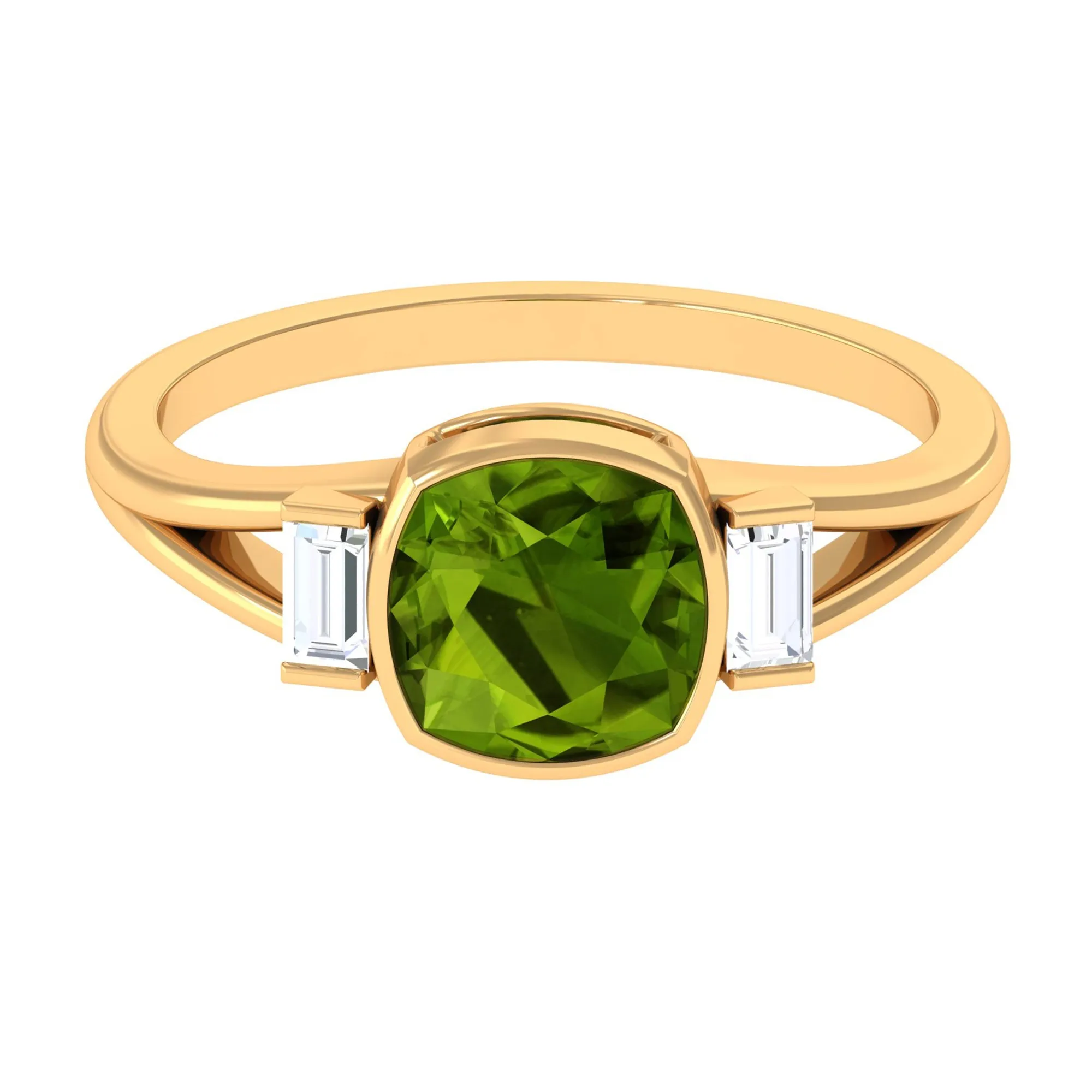 Simple Cushion Cut Peridot Solitaire Engagement Ring with Diamond in Split Shank