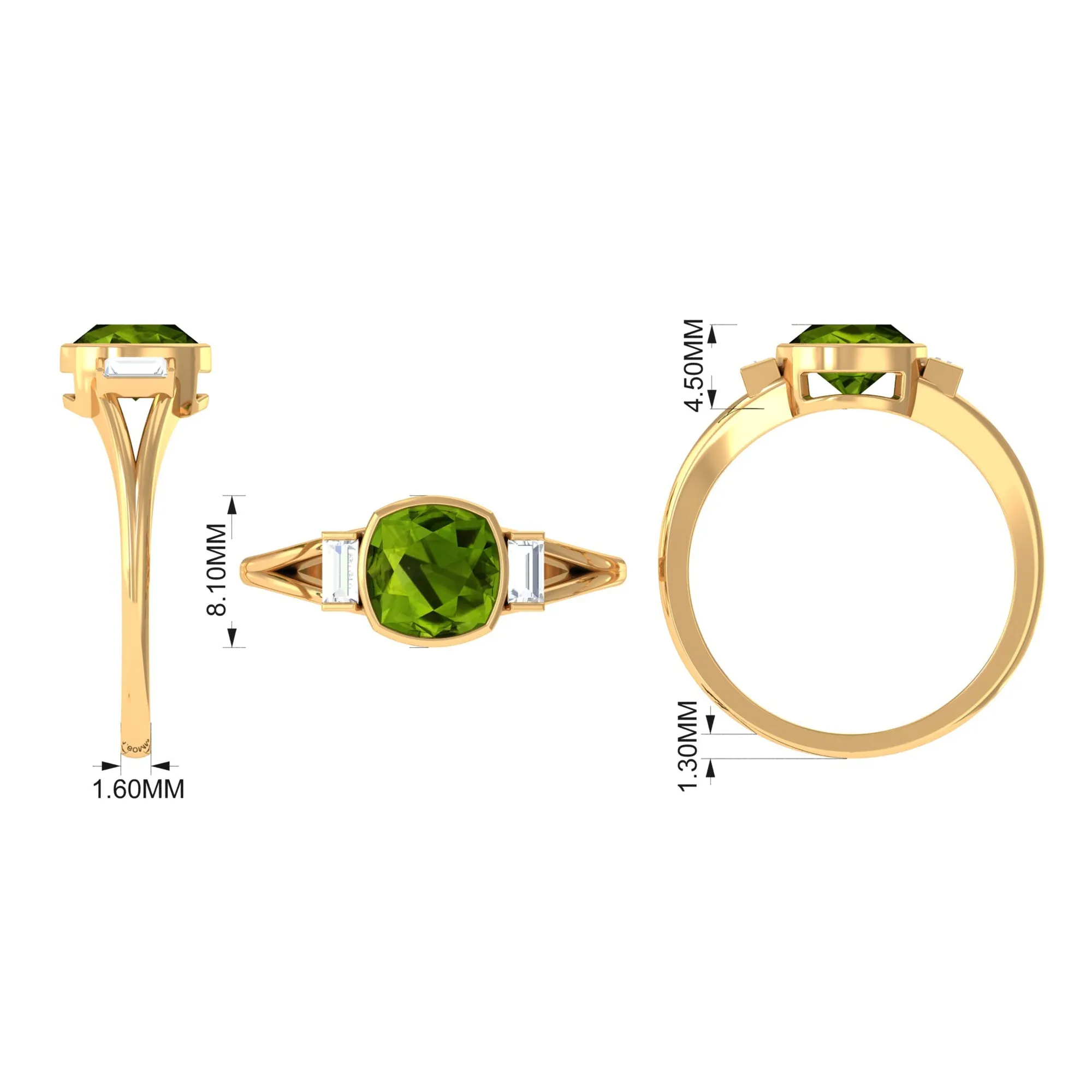 Simple Cushion Cut Peridot Solitaire Engagement Ring with Diamond in Split Shank