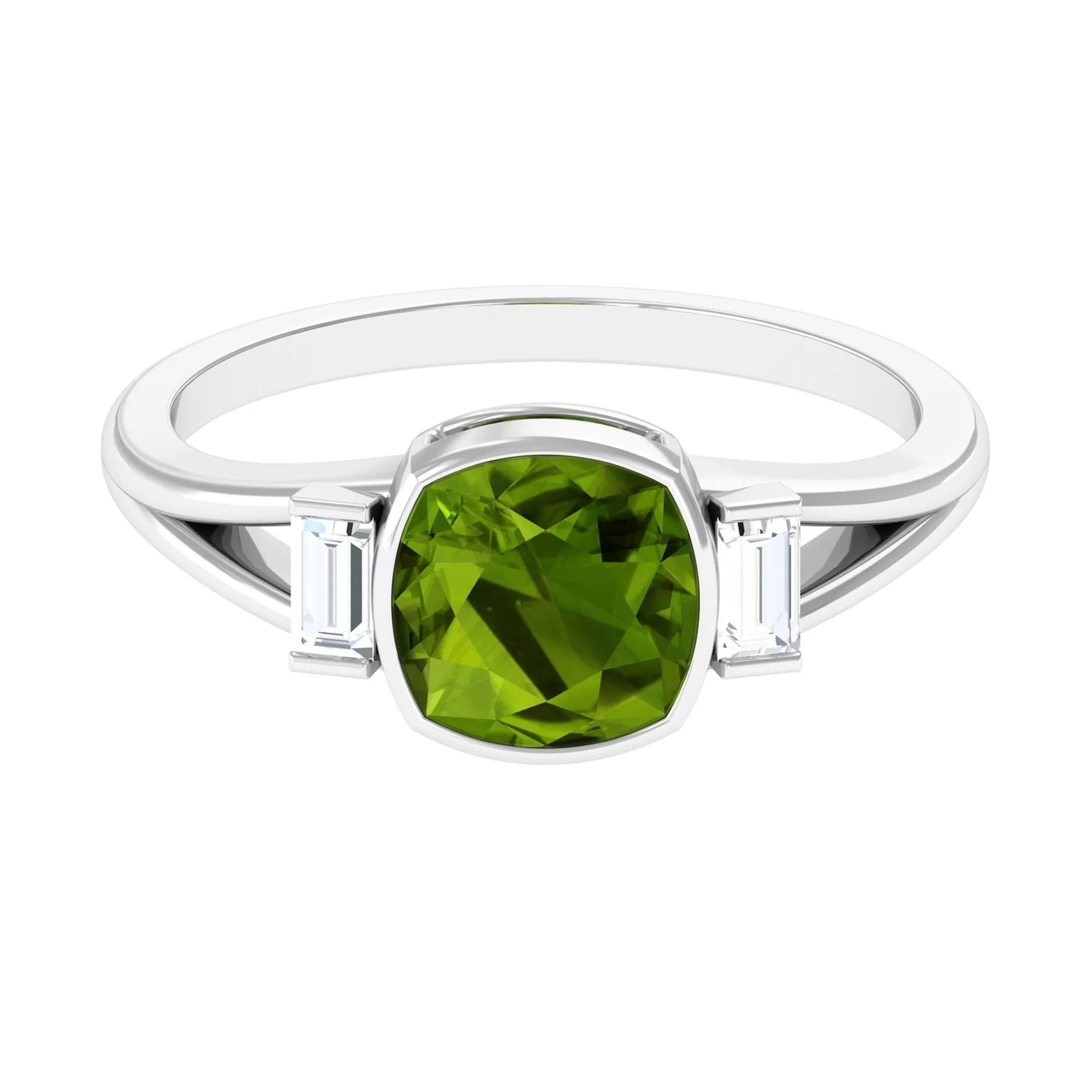 Simple Cushion Cut Peridot Solitaire Engagement Ring with Diamond in Split Shank