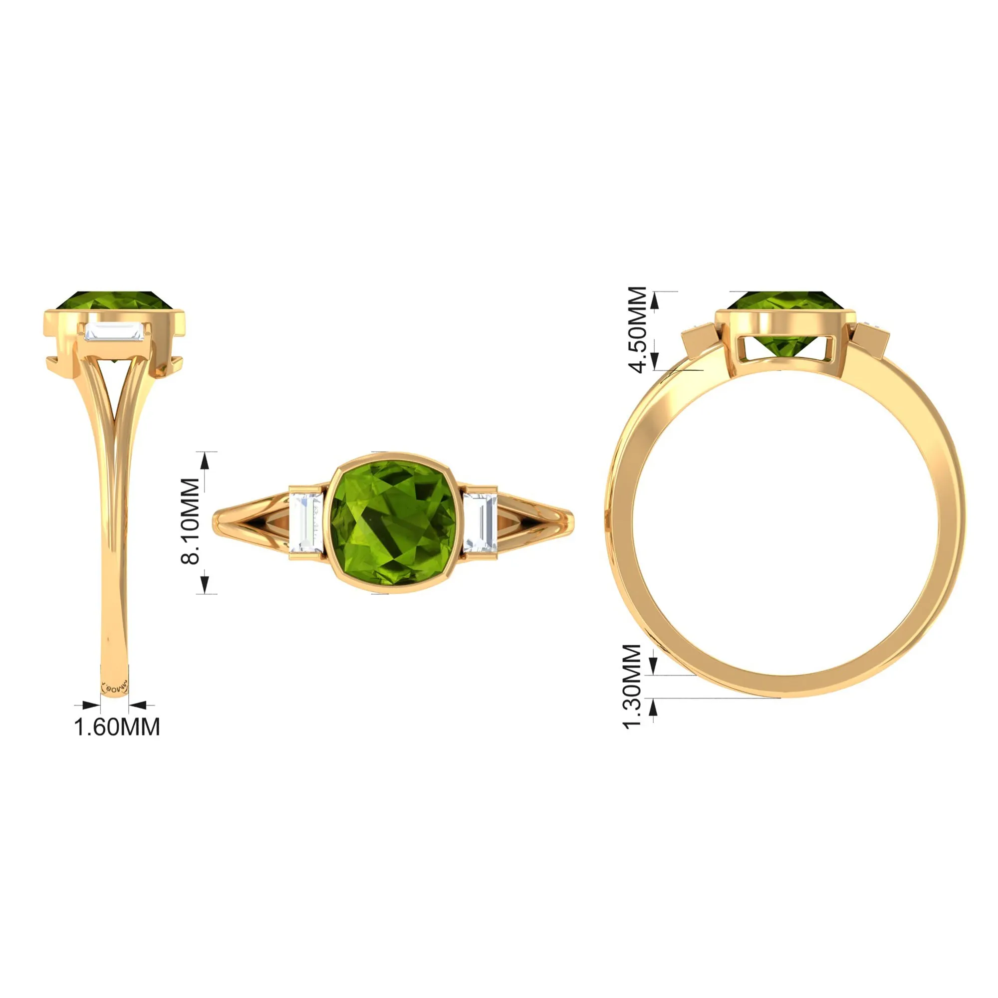 Simple Cushion Cut Peridot Solitaire Engagement Ring with Diamond in Split Shank