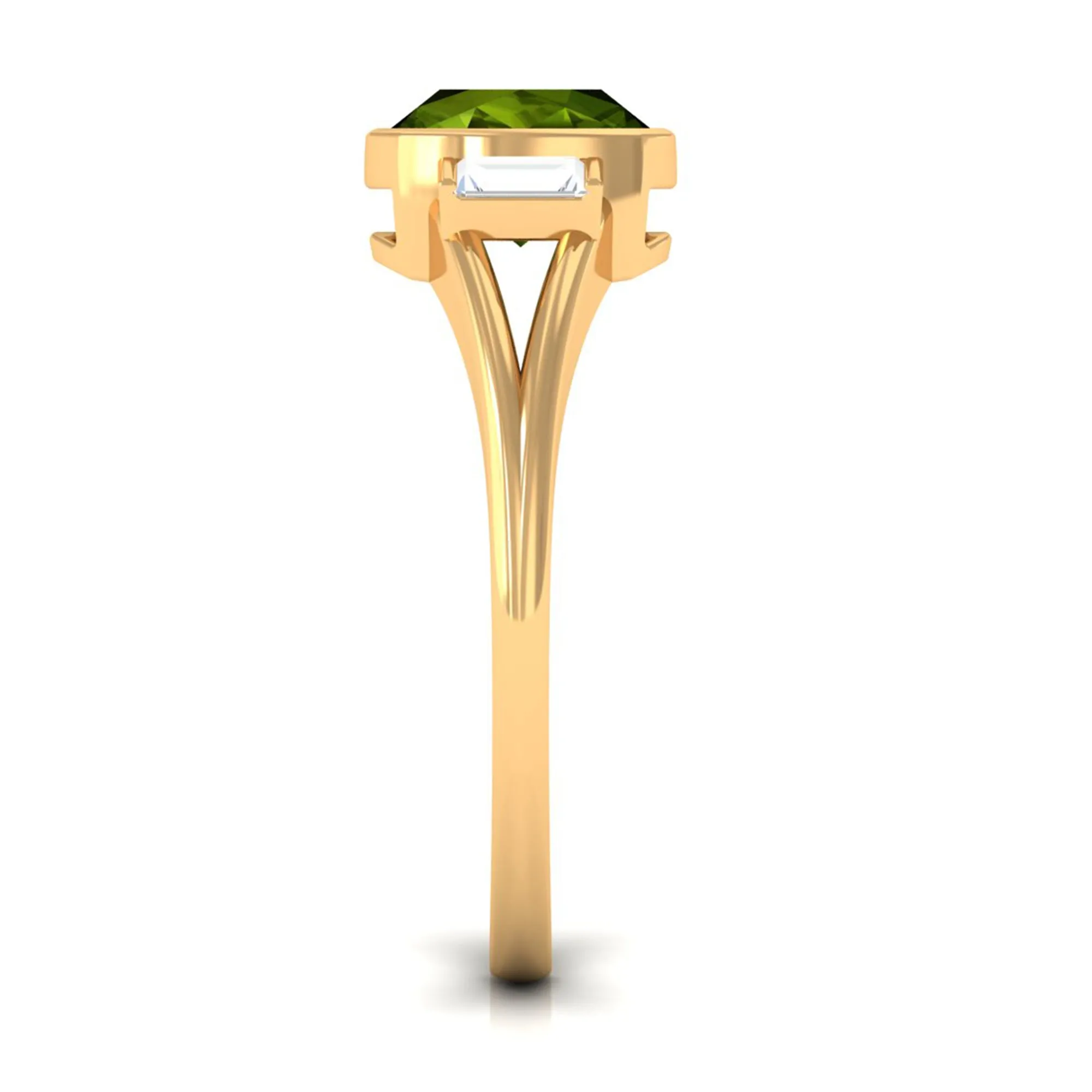 Simple Cushion Cut Peridot Solitaire Engagement Ring with Diamond in Split Shank