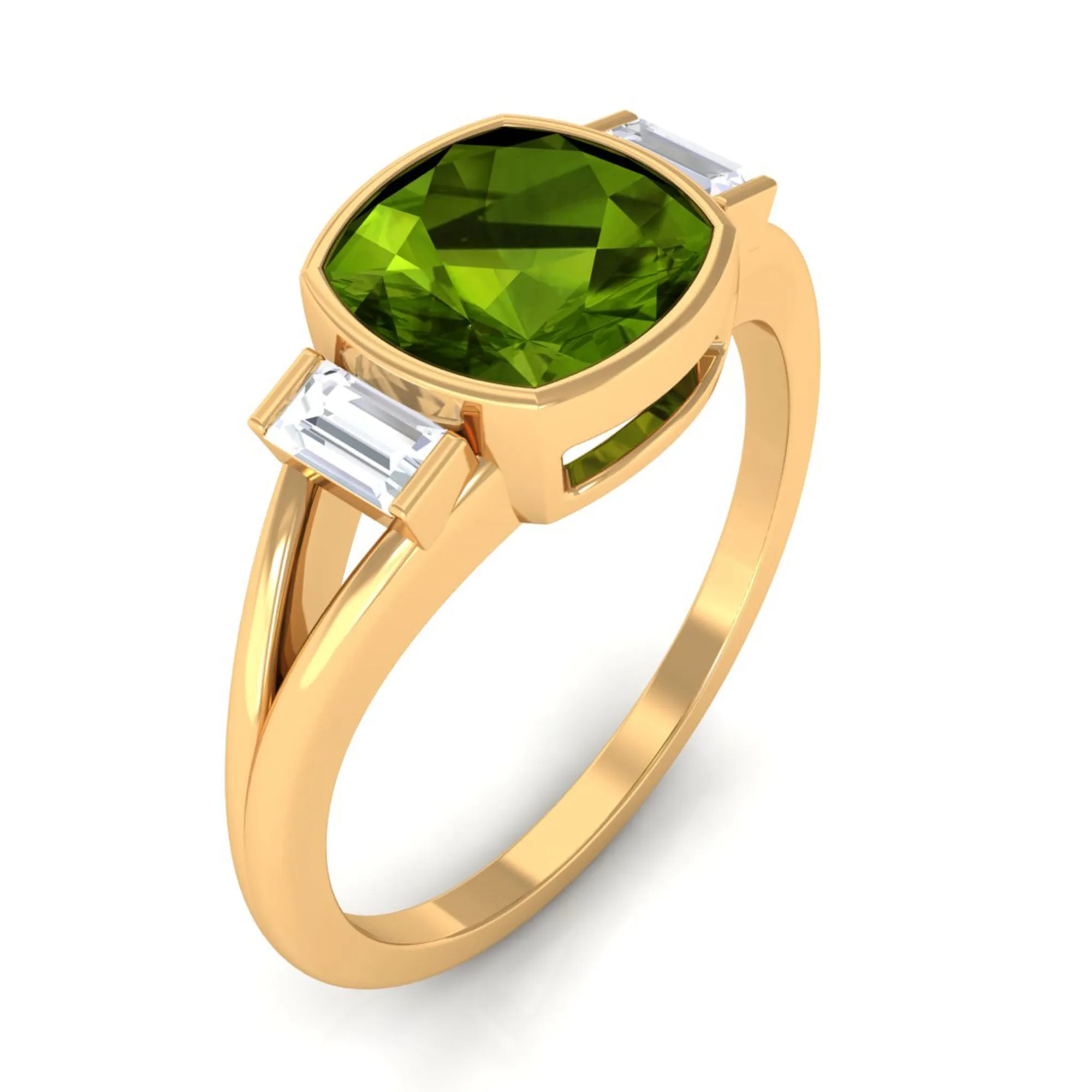 Simple Cushion Cut Peridot Solitaire Engagement Ring with Diamond in Split Shank