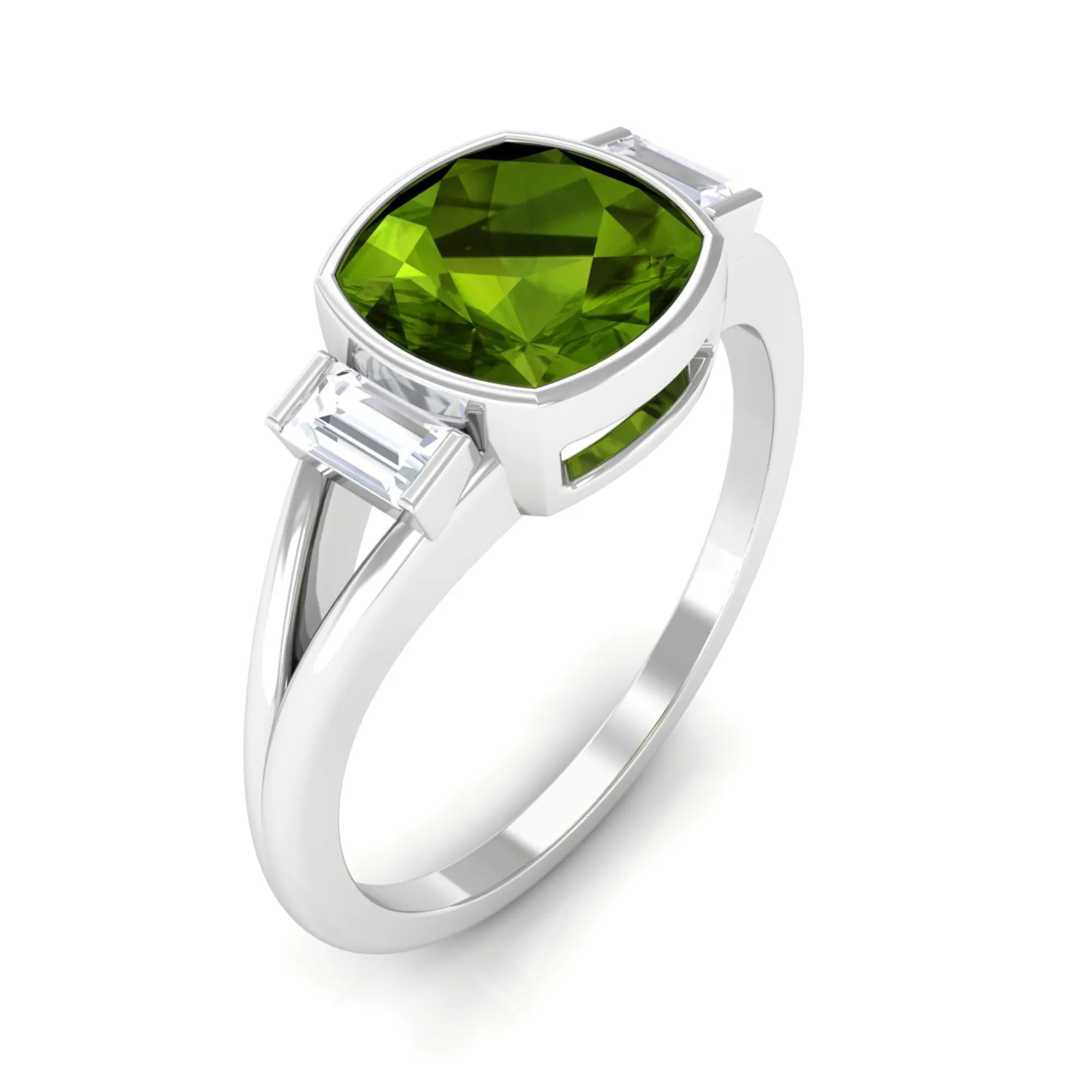 Simple Cushion Cut Peridot Solitaire Engagement Ring with Diamond in Split Shank