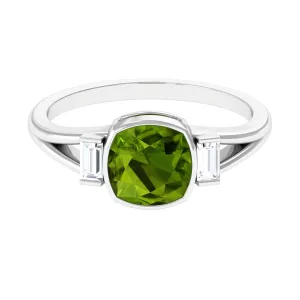 Simple Cushion Cut Peridot Solitaire Engagement Ring with Diamond in Split Shank