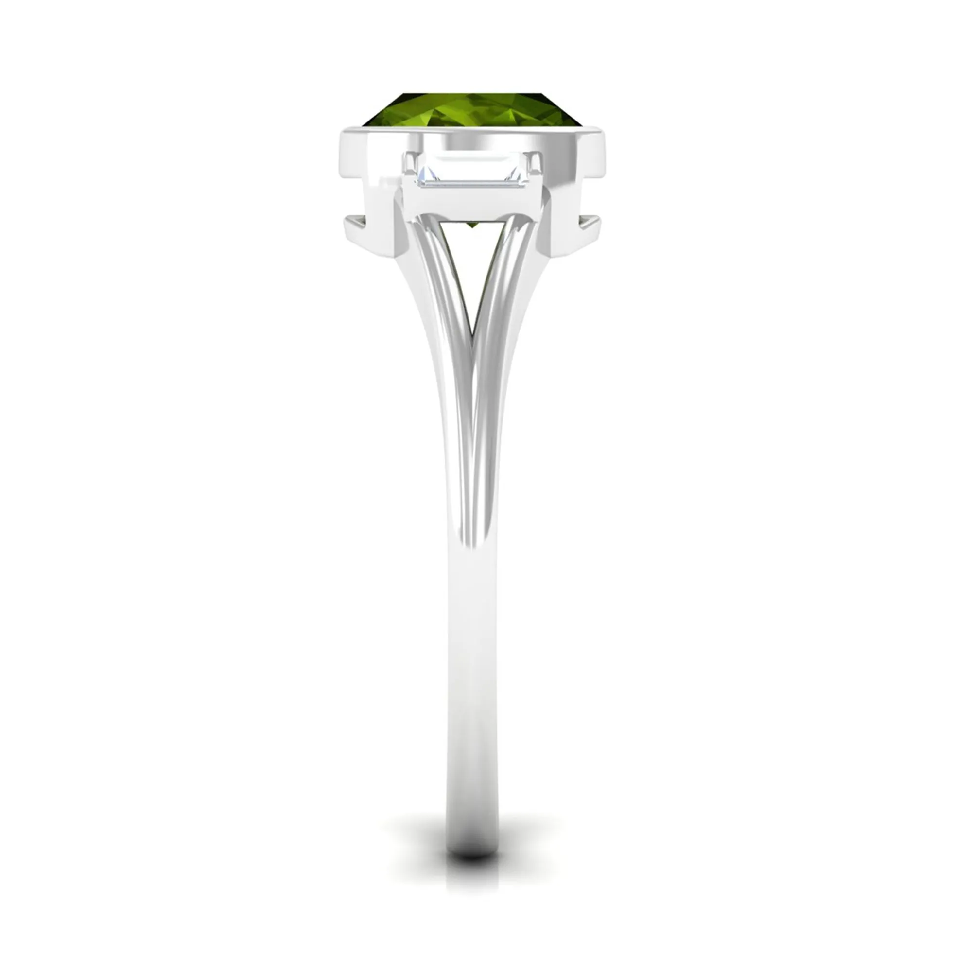 Simple Cushion Cut Peridot Solitaire Engagement Ring with Diamond in Split Shank