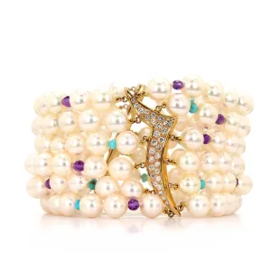 Six-Strand Pearl, Amethyst, Turquoise, and Diamond Bracelet