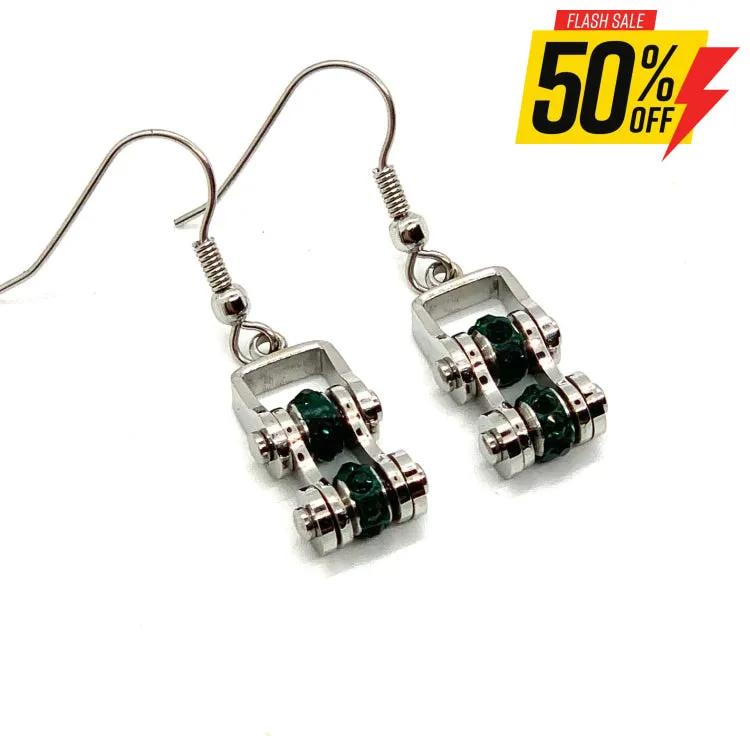 SK2212E May Edition Ladies Mini Mini 3/8" Wide Stainless Steel Emerald Imitation Crystal Earrings