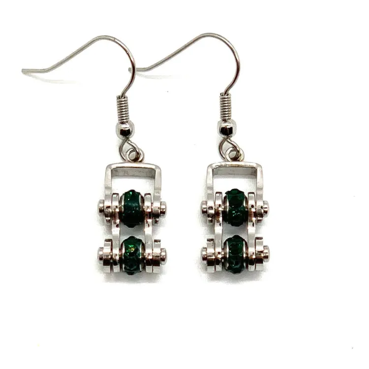 SK2212E May Edition Ladies Mini Mini 3/8" Wide Stainless Steel Emerald Imitation Crystal Earrings