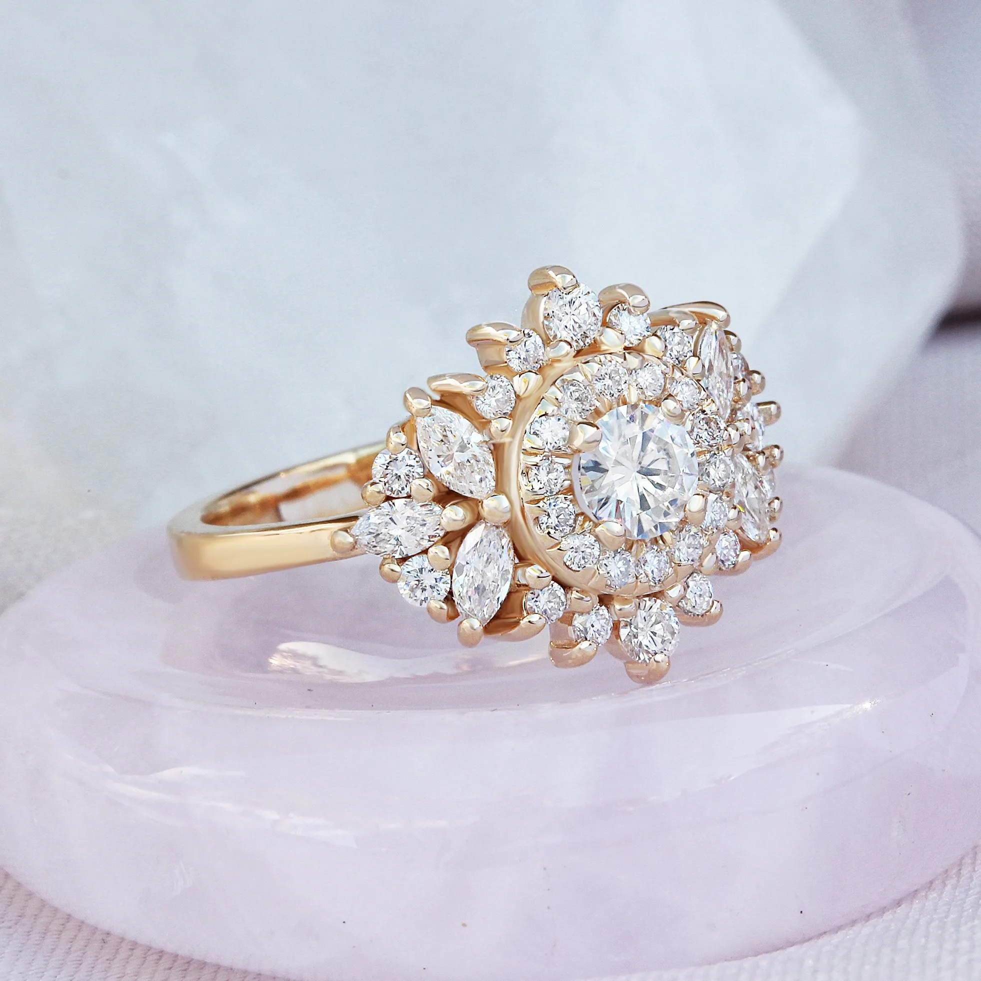 Small Double Halo Round Diamond Unique Engagement Ring, "Monaco"