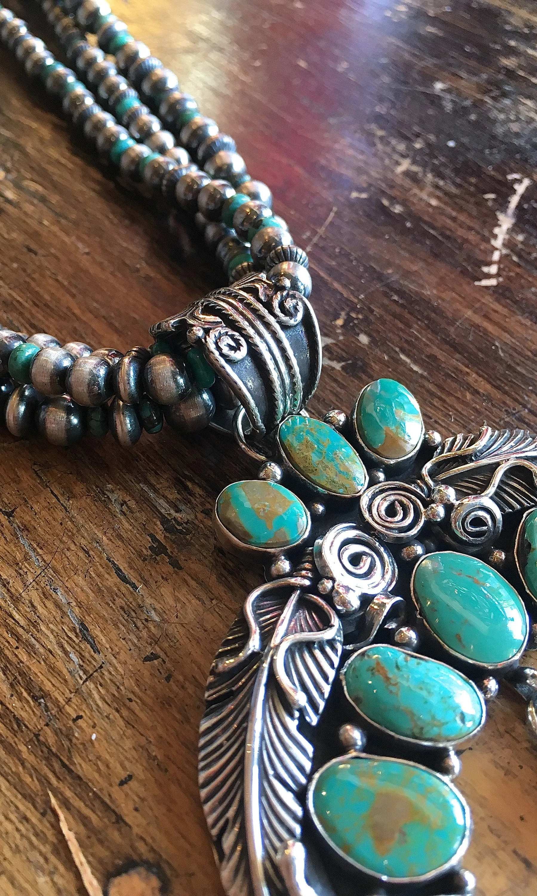 SOUTHWEST CHARMER Navajo Feather Naja Pendant on Silver & Turquoise Pearl Necklace