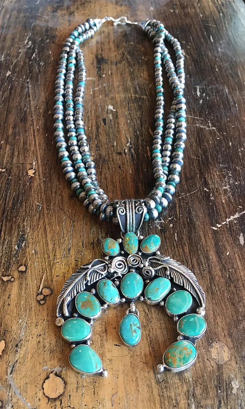 SOUTHWEST CHARMER Navajo Feather Naja Pendant on Silver & Turquoise Pearl Necklace