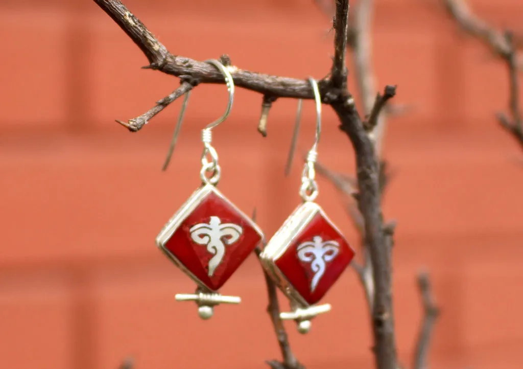 Square Shaped Coral Inlaid Buddha Eyes Silver Earrings