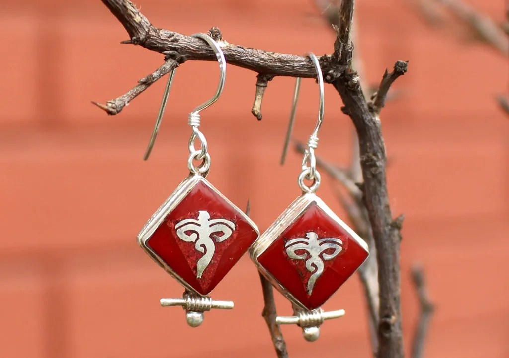 Square Shaped Coral Inlaid Buddha Eyes Silver Earrings