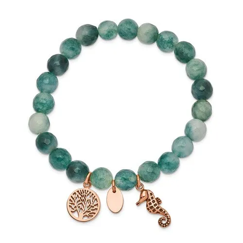 Stainless Steel Rose Gold Seahorse & Tree of Life Charm Green Jade Stretch Bracelet