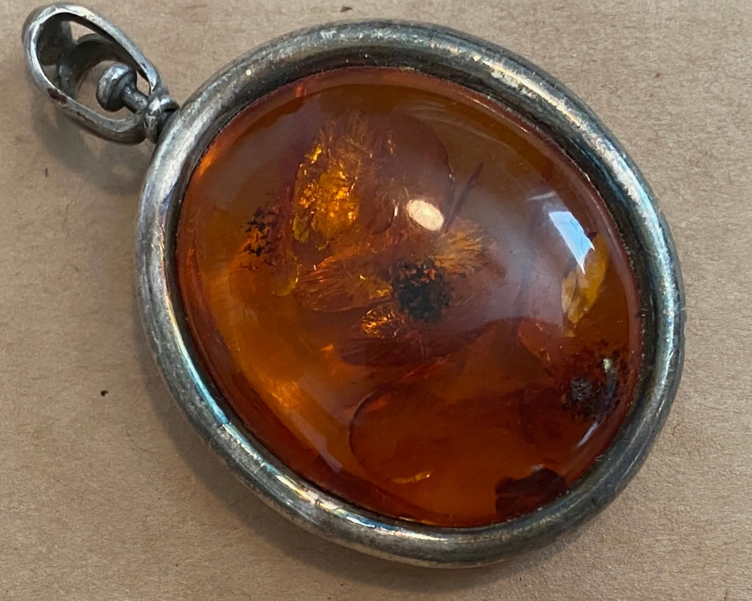 Sterling Silver 925 Amber Cabochon Necklace Pendant