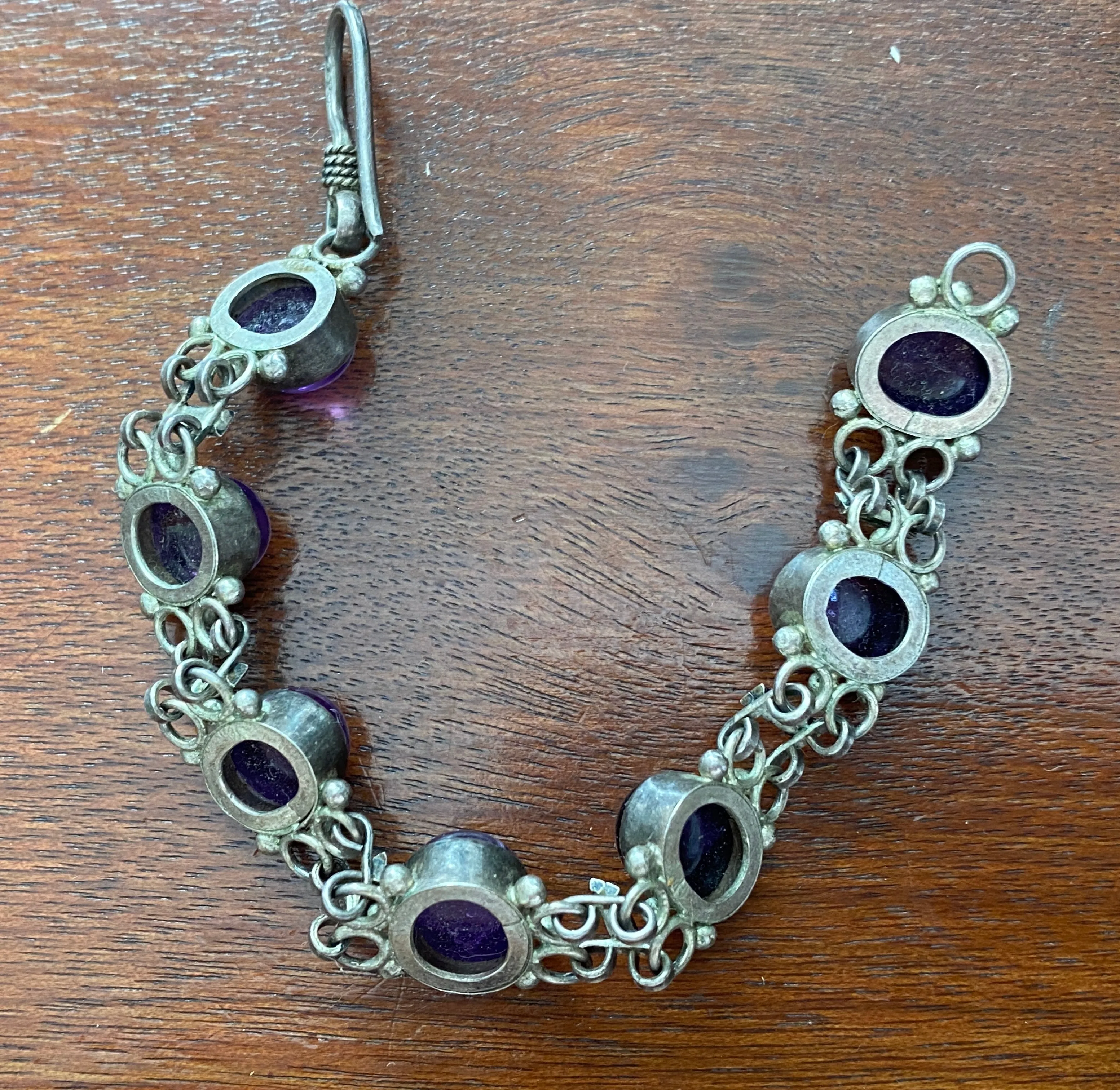 Sterling Silver 925 Amethyst Cabochon Bracelet