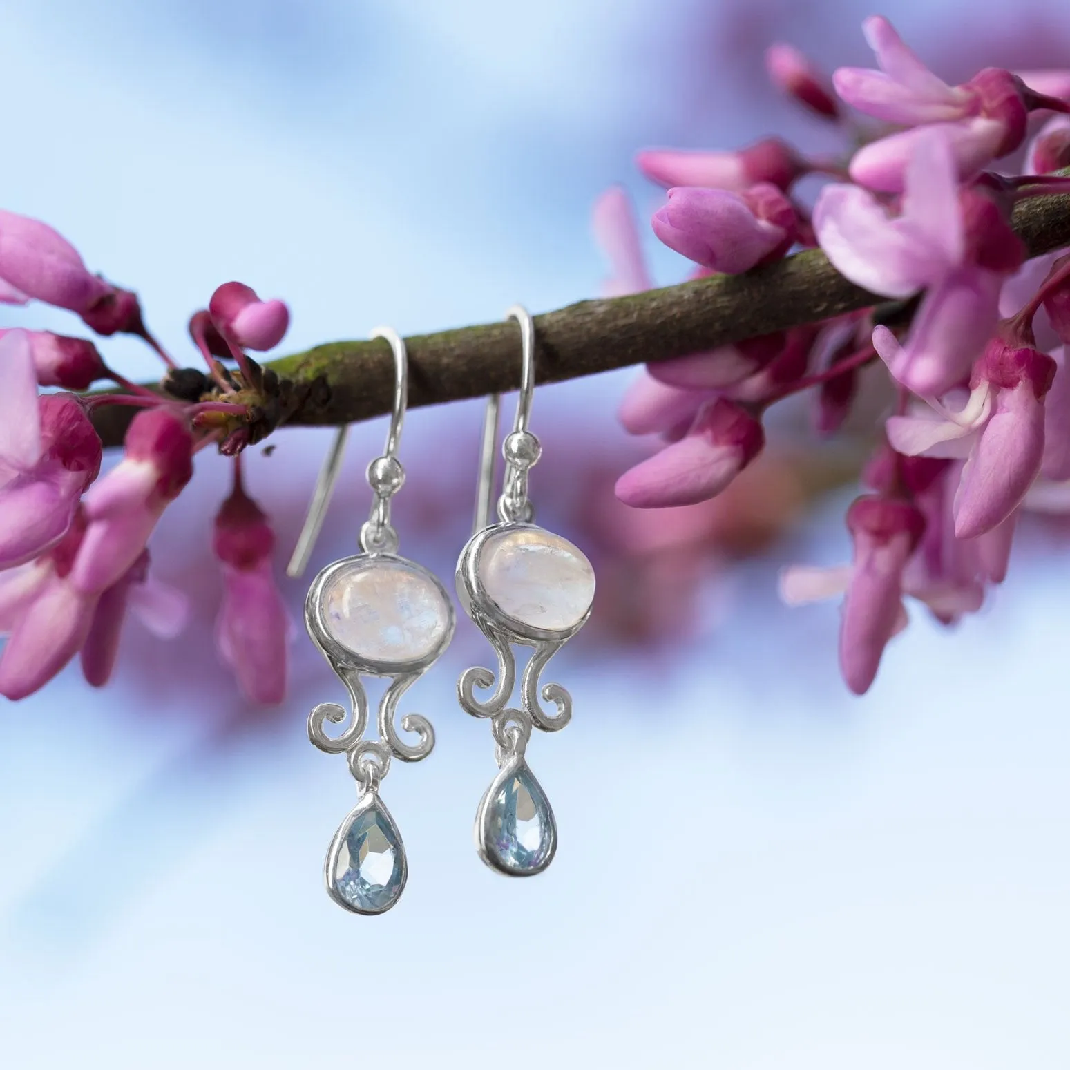 Sterling Silver Rainbow Moonstone & Sky Blue Topaz Earrings