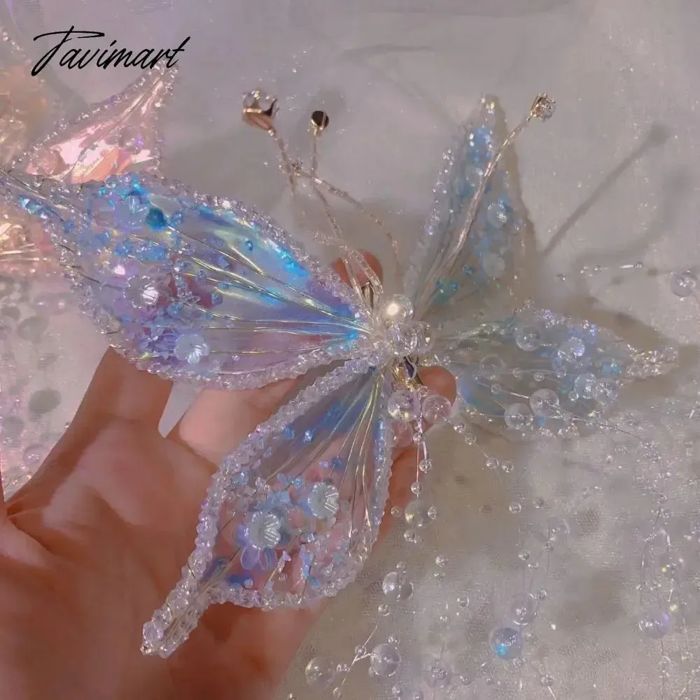 Tavimart Fairy Crystal Hairpin Large Butterfly Hairpin Tassel Side Clip Delicate Sweet Colorful Glitter Butterfly Hair Claw Girls Bridal